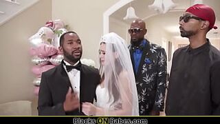 Bride gets back on her groom for running away by hooking up with her black stepdad in law and his gang.Shes sucking bbc and lets them fuck her 1 by 1